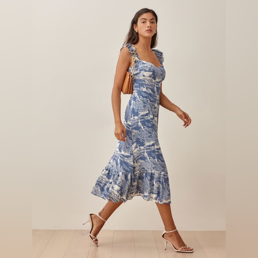 Blue & White Toile Print Ruffle Strap Midi Dress